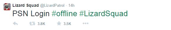 Tweet from Lizard Squad @LizardPatrol: PSN Login #offline #LizardSquad