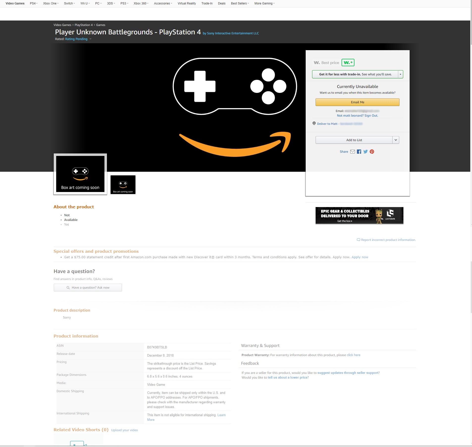 The PUBG PS4 listing before it was removed by Amazon.