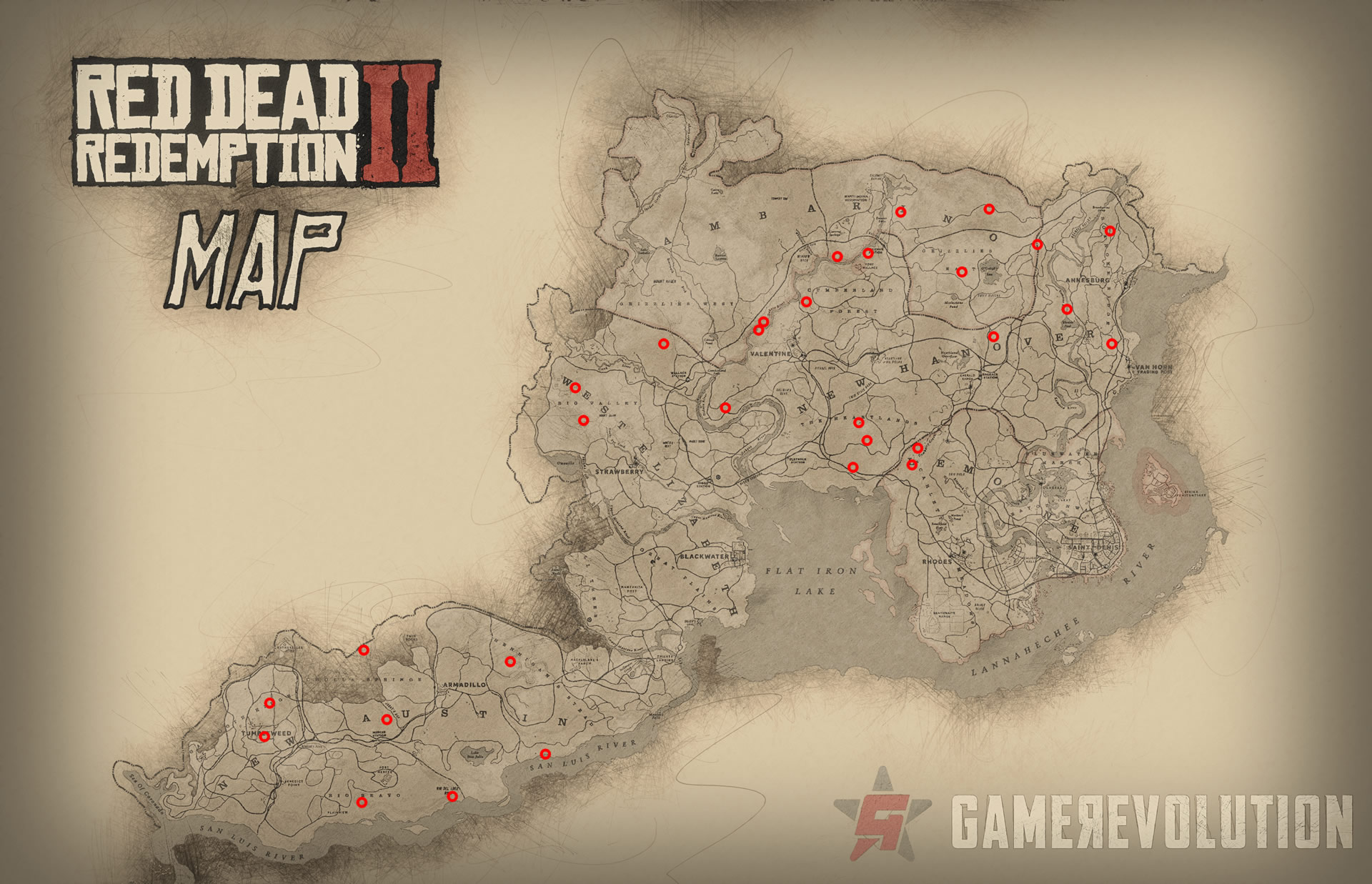 All Dinosaur Bone locations map in Red Dead Redemption 2