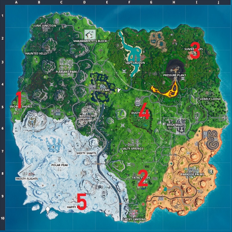 The Fortnite season 9 week 2 challenges are out in the wild. There are some toughies this week, including the "Visit an Oversized Phone, a big Piano, and a giant Dancing Fish trophy," as well as the usual full list of season 9 week 2 free challenges and Battle Pass challenges. Below, we've given you the entire Fortnite season 9 week 2 challenges cheat sheet so you can complete them as quickly as possible from May 16 onwards. We've even thrown in the Fortnite season 9 week 2 challenges rewards so you know exactly what you're getting and whether they're worth completing. Fortnite Season 9 Week 2 Challenges | Free Challenges Launch off of Air Vents in different matches Air Vents have replaced Season 8's Volcano Vents for obvious, lava-spewing reasons. While they can be found dotted all over the map, there are certain places you can go to Launch off of Air Vents in super quick time. Head over to either Neo Tilted, one of the big Fortnite season 9 map changes on offer, or Mega Mall, and you'll find each location positively littered with Air Vents.  However, be mindful of the fact that A) These places are bound to be popular and B) You need to do this across five matches, though they don't need to be consecutive, and you can use the same Air Vent more than once. Just walk into one to be shot up into the air. Stage 1: Land at Snobby Shores This is a five-stage task, requiring you to land at the following five locations. Once you've done Stage 1, Stage 2 will unlock, and so on. These do not need to be done in consecutive games, but you should aim for landing right in the middle of these locations for the avoidance of doubt. Just glide on down from the Battle Bus and you should be able to line it up with plenty of time to spare. Stage 1: Land at Snobby Shores Stage 2: Land at Fatal Fields Stage 3: Land at Sunny Steps Stage 4: Land at Dusty Divot Stage 5: Land at Happy Hamlet Fortnite Season 9 Week 2 Challenges | Battle Pass Challenges Fortnite Season 9 Week 2 Challenges 
