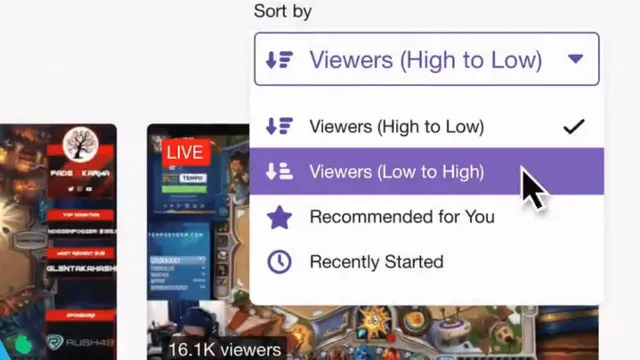 Twitch Viewers Low to High filter