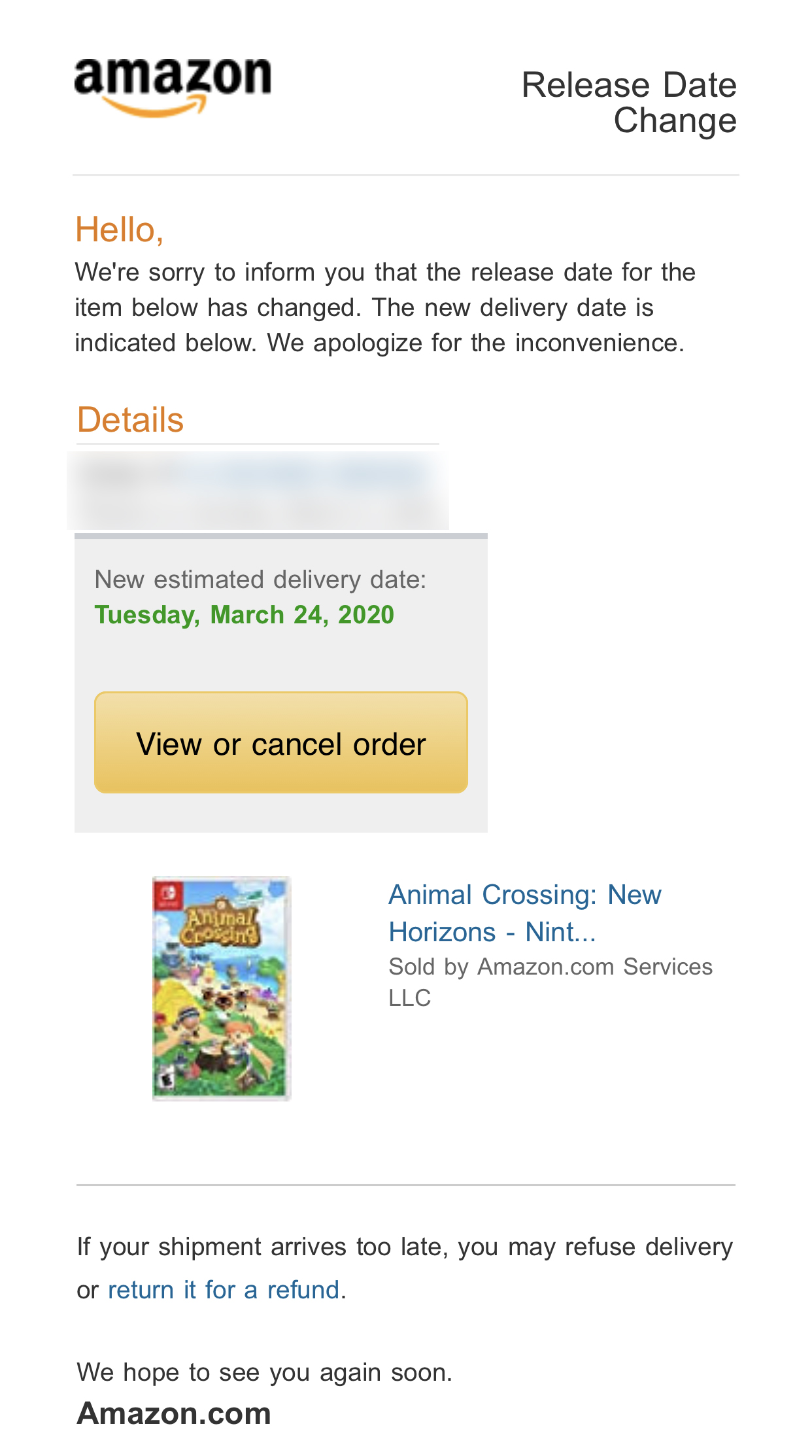 animal crossing new horizons amazon delay