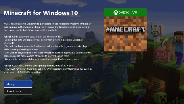 Download Minecraft with RTX on Windows 10