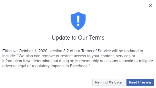 Facebook Terms of Service Update 3.2 (September/October 2020 ...