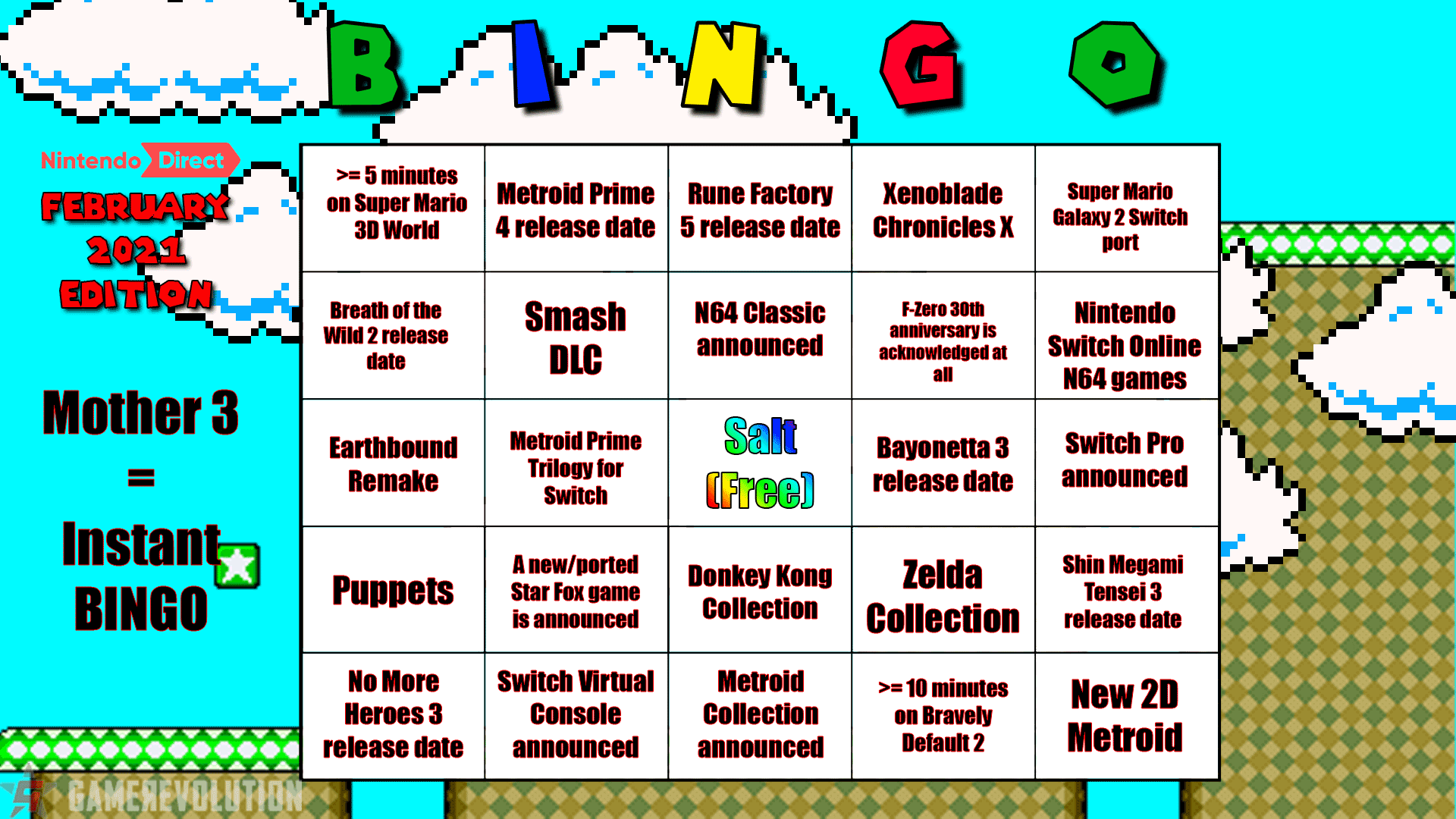 Nintendo Direct February 2023 Bingo Card