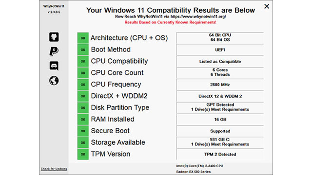 Windows 11 compatibility WhyNotWin11 test results