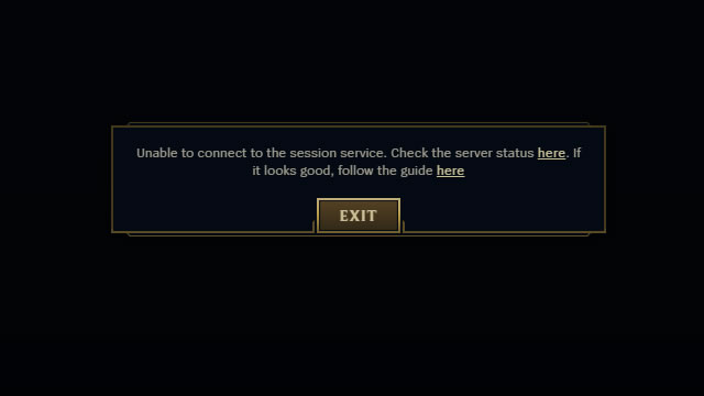 League of Legends: Unable to connect to session service error screenshot