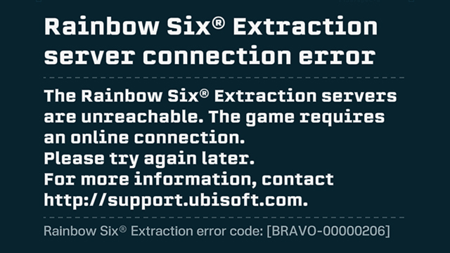 Rainbow Six Extraction 'Server Connection Error' BRAVO-00000206 fix
