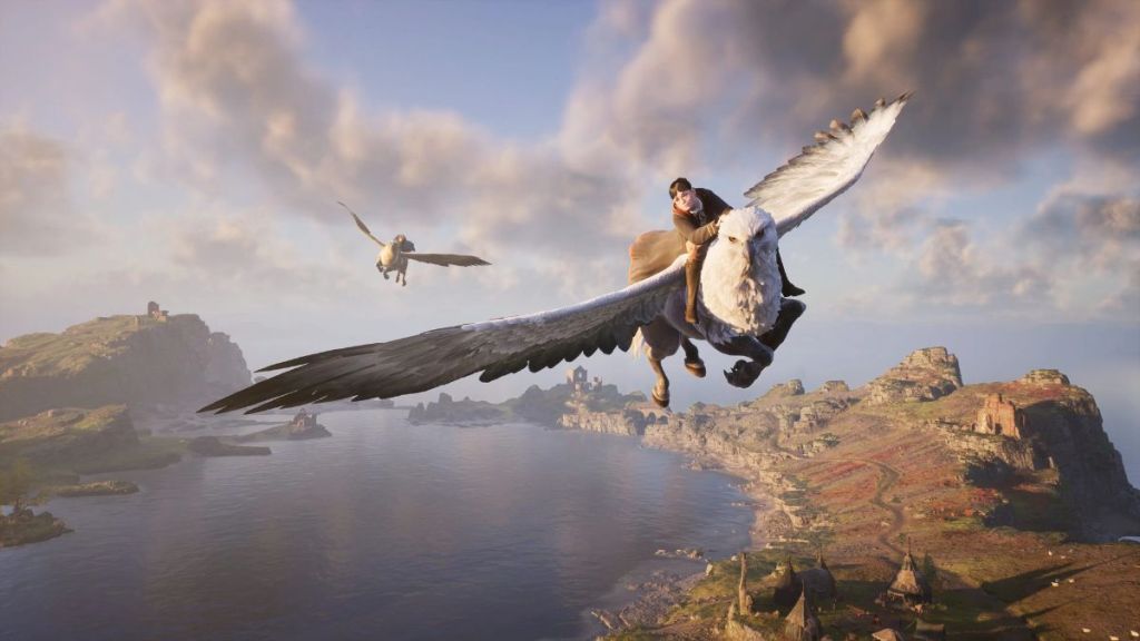 hogwarts legacy screenshot showing wizard flying on creature