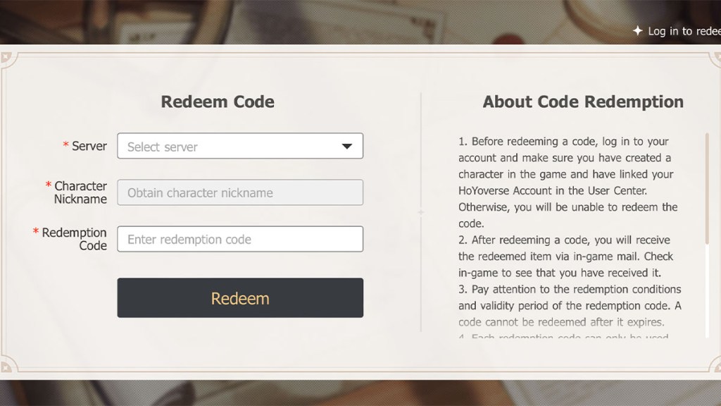 Genshin Impact Code Redemption Page
