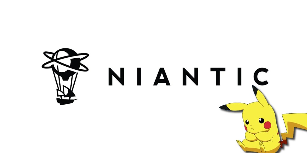 Photo of the Niantic logo overlaid with a sad Pikachu