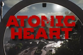 Atomic Heart red logo with a city below.