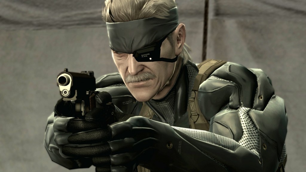 Metal Gear Solid 4: Old Snake pointing a gun off camera.