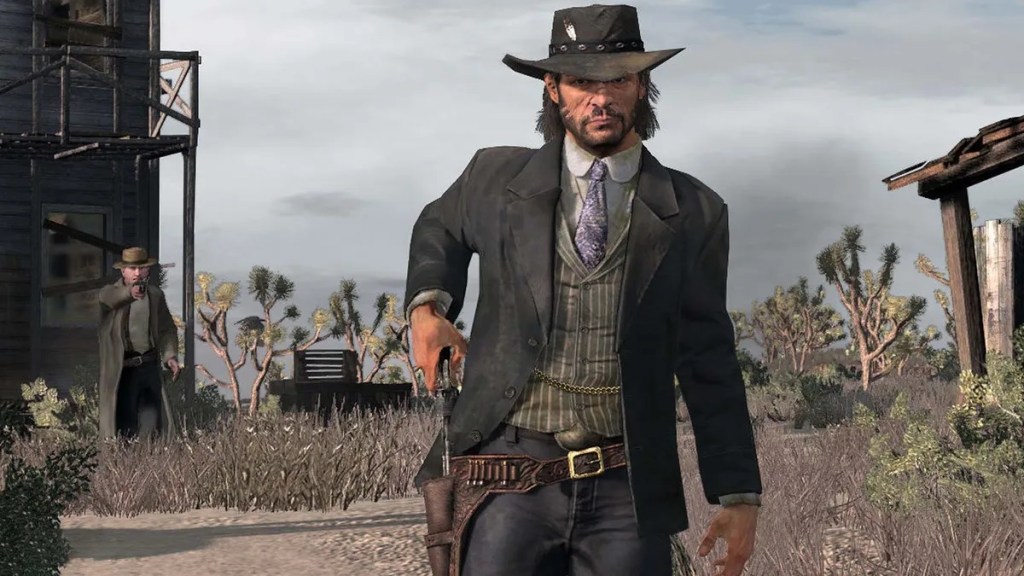 Red Dead Redemption: John Marston removing his pistol from its holster.
