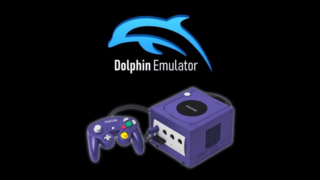 Logo for the Dolphin Emulator overlaid with a picture of a Nintendo GameCube