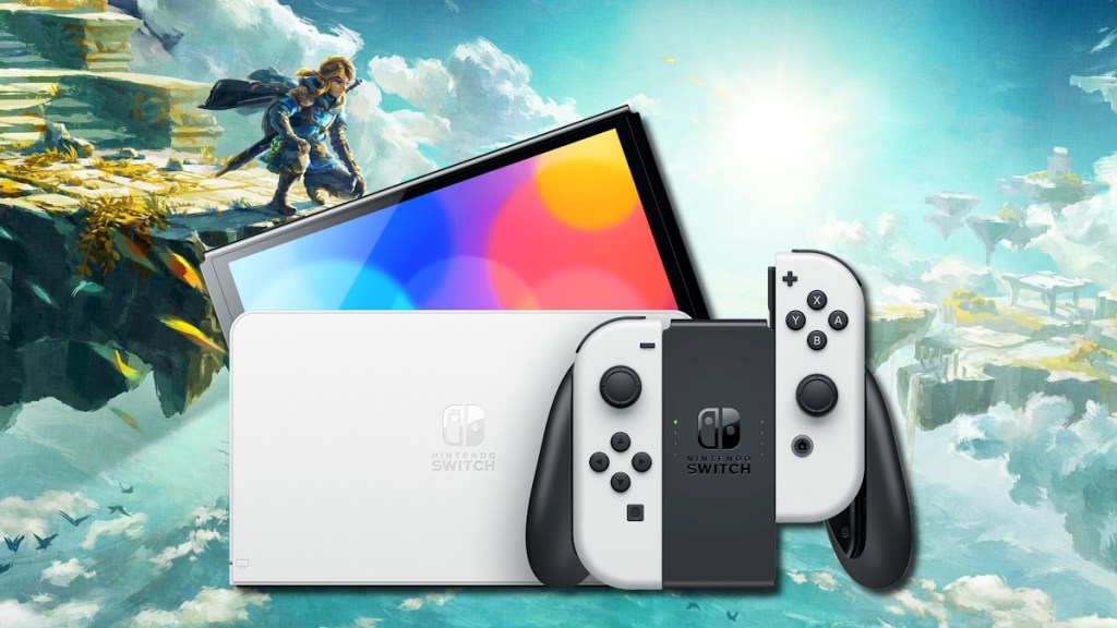 Image of a Nintendo Switch console and controllers on a Zelda: Tears of the Kingdom background