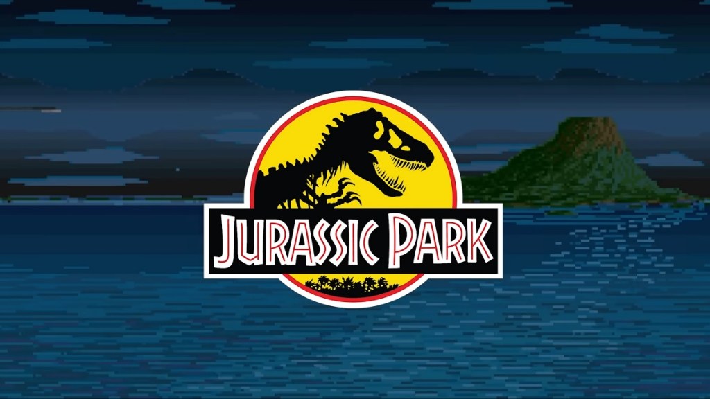 Jurassic Park logo on a video game version of the Isla Nublar island.