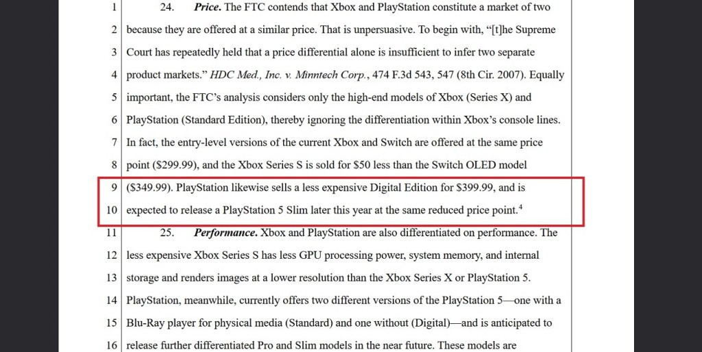 Microsoft vs. FTC document showing that Sony is due to release a PS5 Slim in 2023.