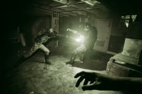 The Outlast Trials: night vision view of someone being attacked by a stun baton.