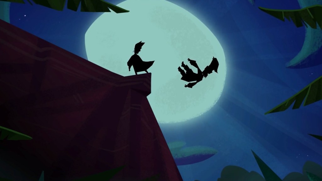Return to Monkey Island: Silhouetted Buybrush Threepwood being pushed off a cliff.