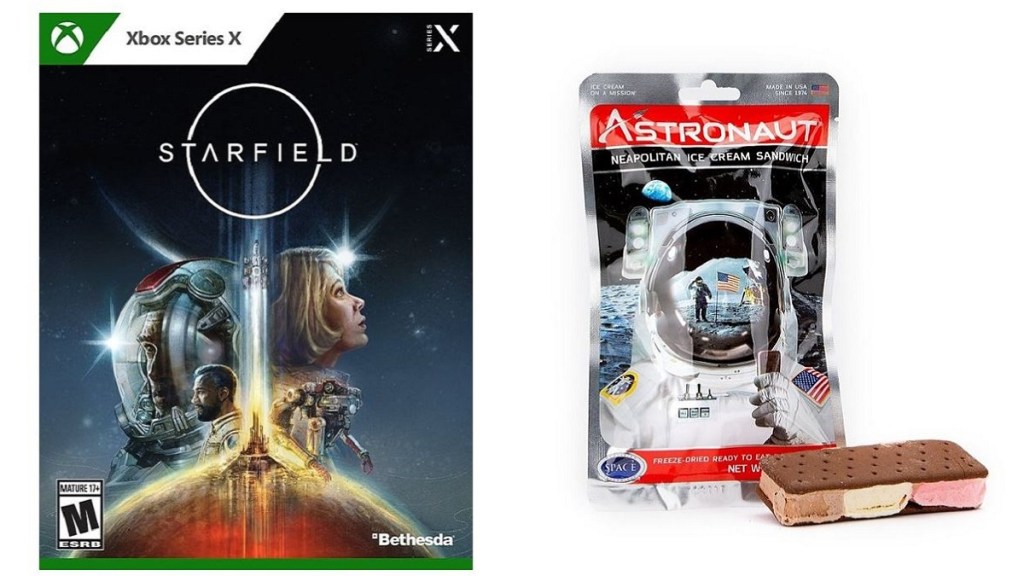 Starfield Xbox game on the left and an ice cream sandwich on the right.