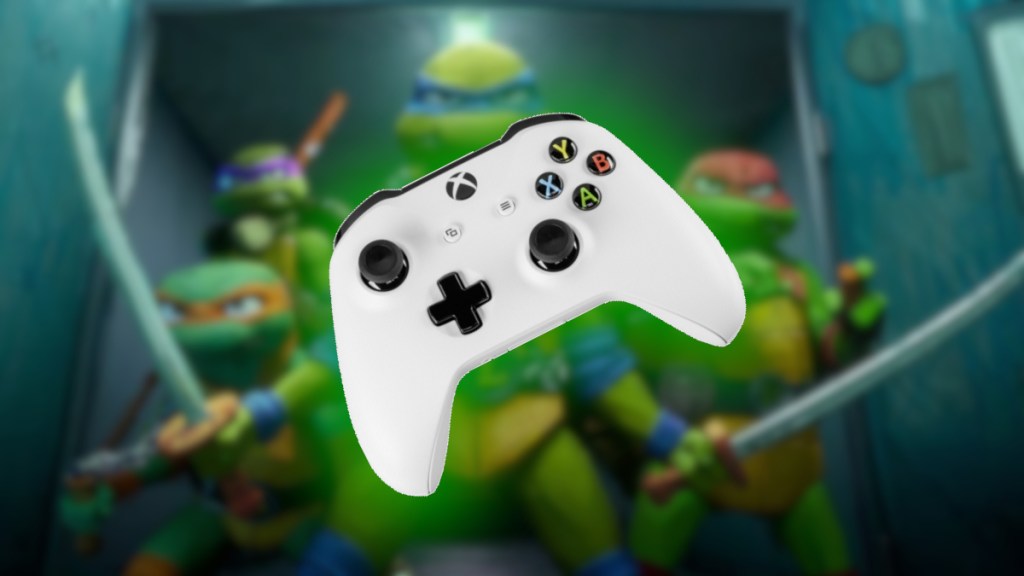 A white Xbox controller that's glowing green, in front of the Teenage Mutant Ninja Turtles.