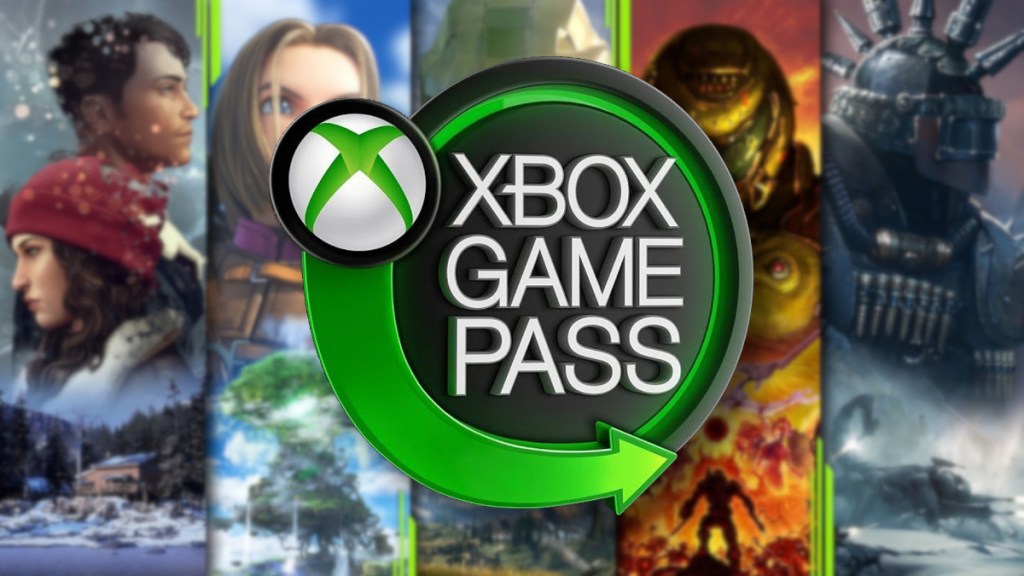 Xbox Game Pass logo in front of some images from games, such as Doom and Halo.