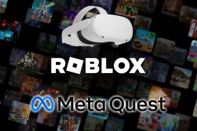Roblox logo overlaid with the Meta Quest logo and a Quest 2 headset.