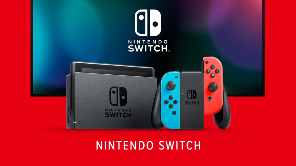 Nintendo Switch and a screen all on a red background.