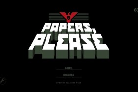 The Papers, Please menu screen on a black background.