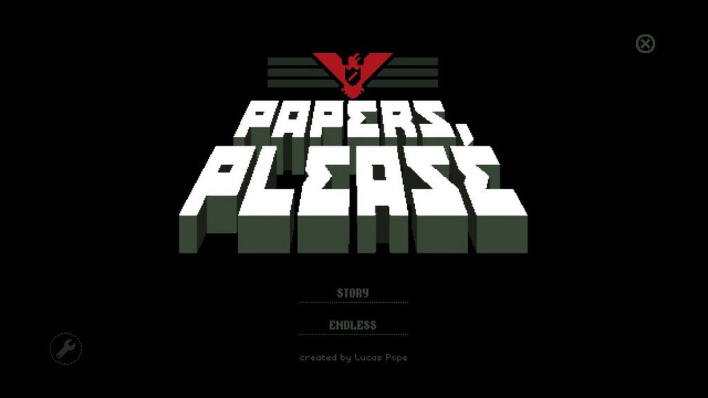 The Papers, Please menu screen on a black background.