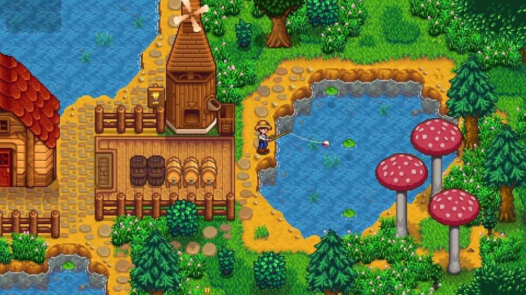 Stardew Valley : Un agriculteur pêchant dans un petit lac.