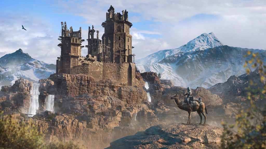 Assassin's Creed Mirage : un vieux château sur une colline au loin.