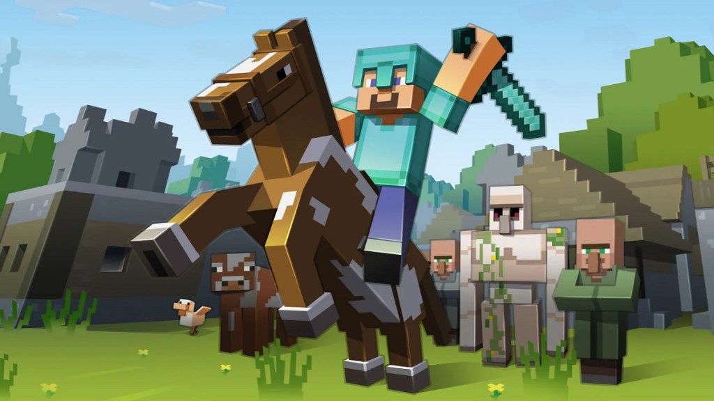 Minecraft Steve riding a horse.