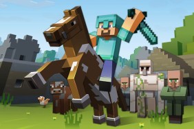 Minecraft Steve riding a horse.