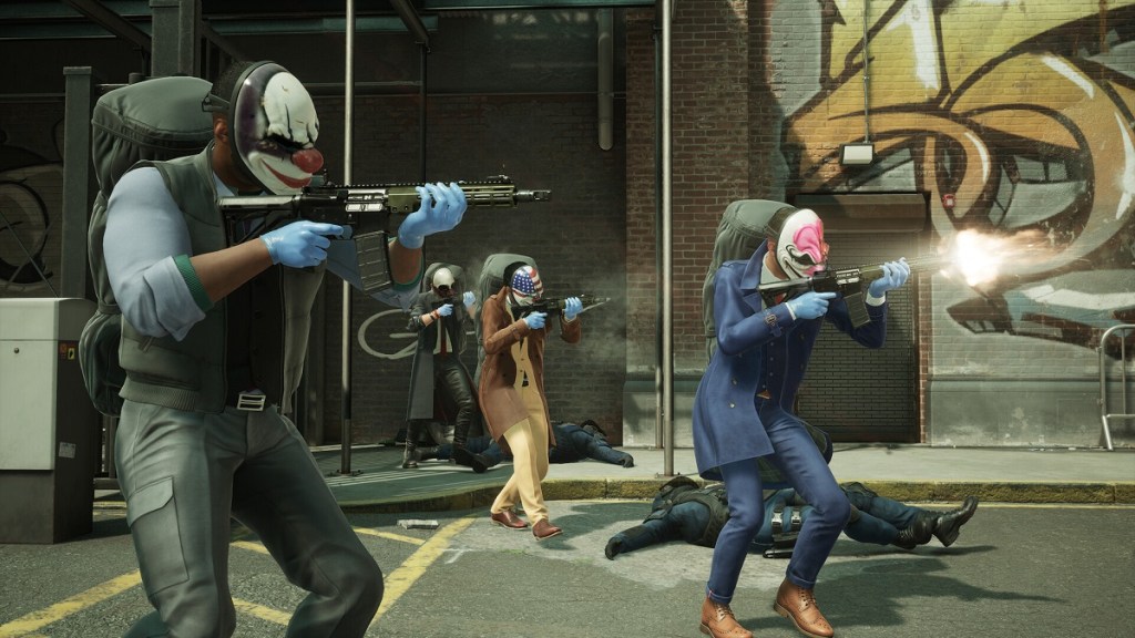 Payday 3: bank robbers firing guns off-screen.