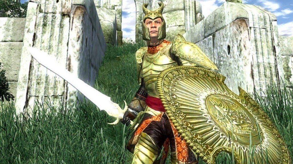 Oblivion: a knight decked out in gold armor charges at the player.