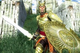 Oblivion: a knight decked out in gold armor charges at the player.