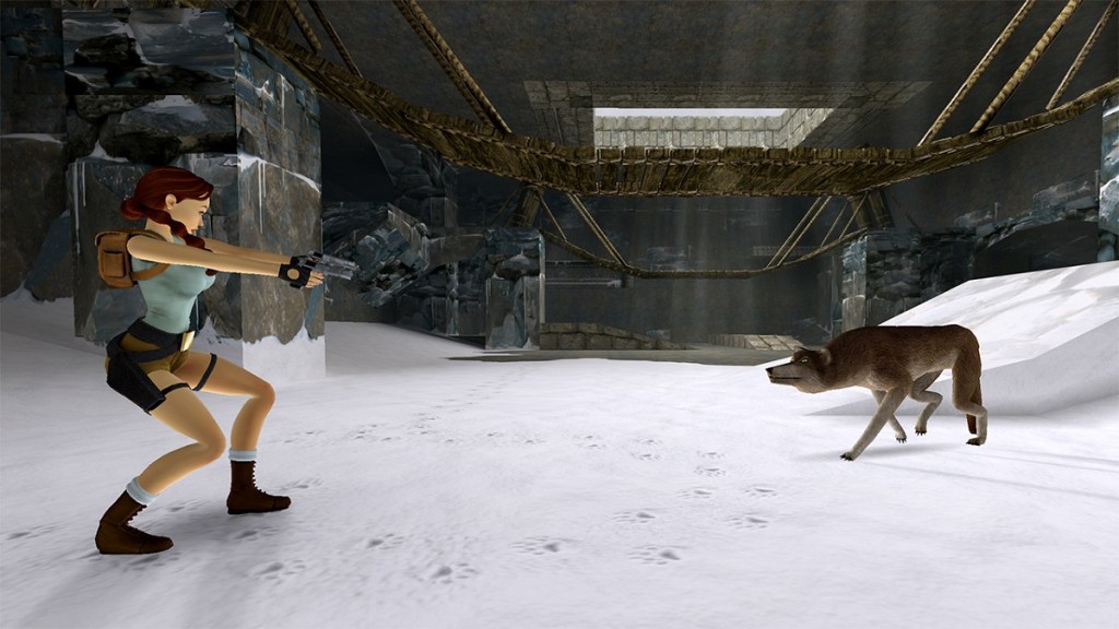 Tomb Raider Remastered : Lara Croft sur le point de tirer sur un loup.