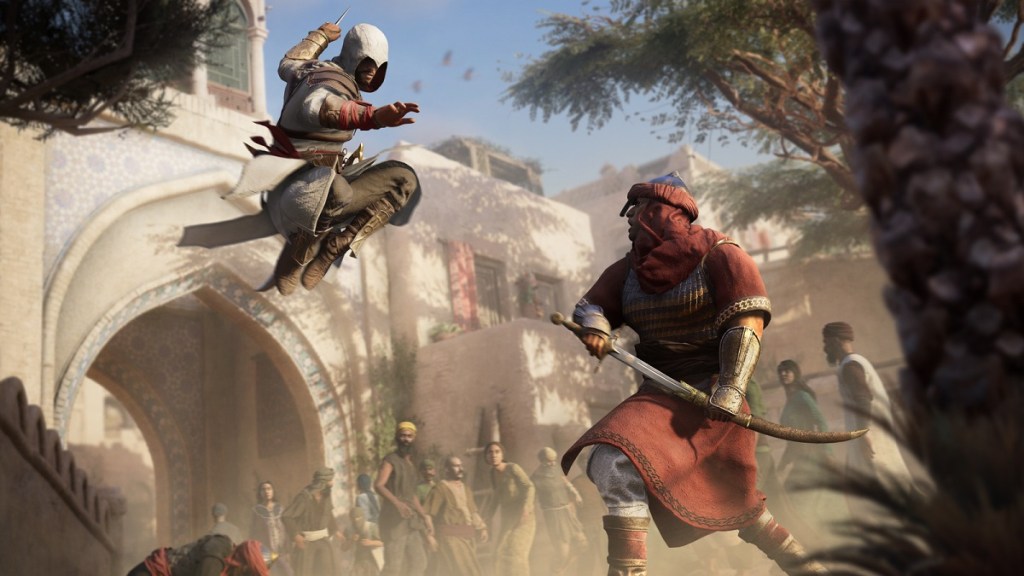 Assassin's Creed Mirage: Basim Ibn Ishaq leaping towards an enemy.