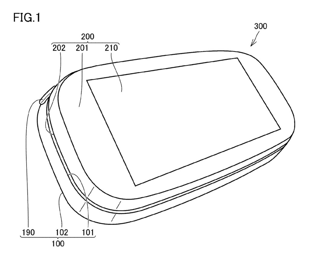 Drawing of a Nintendo patent, showing a handheld device of some kind.