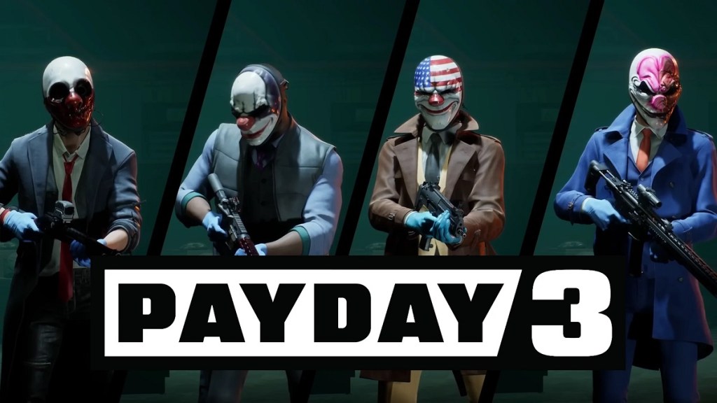 Four bank robbers behind the Payday 3 logo.