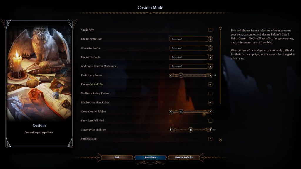 Baldurs Gate 3 Custom Mode Options List