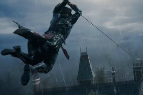 Assassin's Creed Syndicate: Jacob sliding down a rope towards a rain-soaked building.
