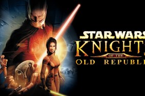 Knights of the Old Republic logo on a black background with Star Wars characters off to the side.