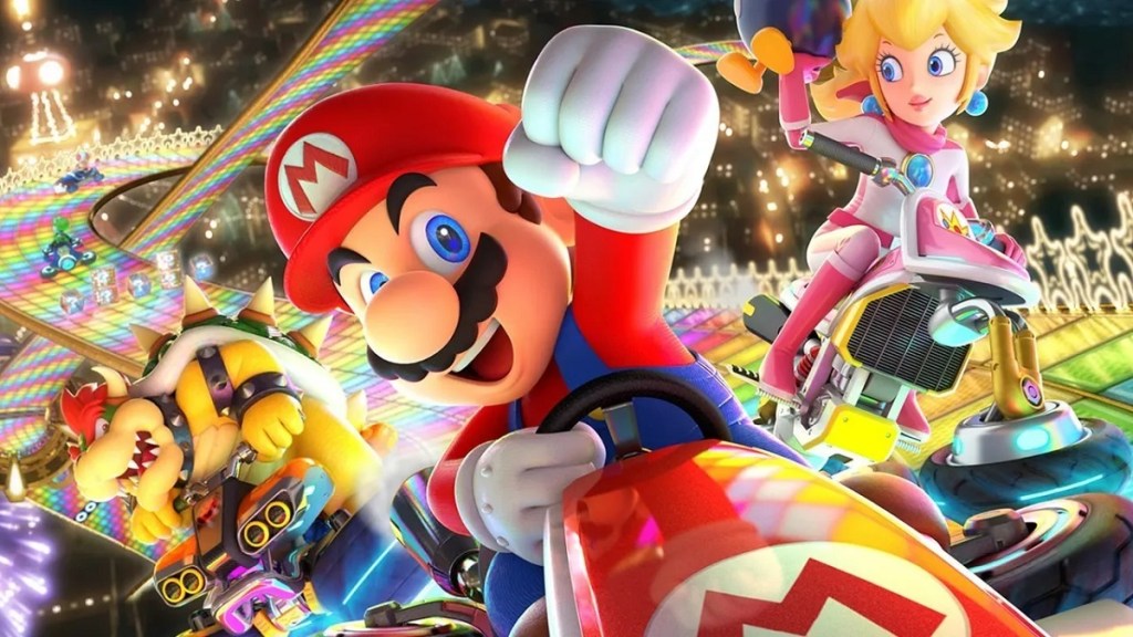Mario Kart 8 : Mario lui-même devant les autres personnages de Nintendo dans une course.