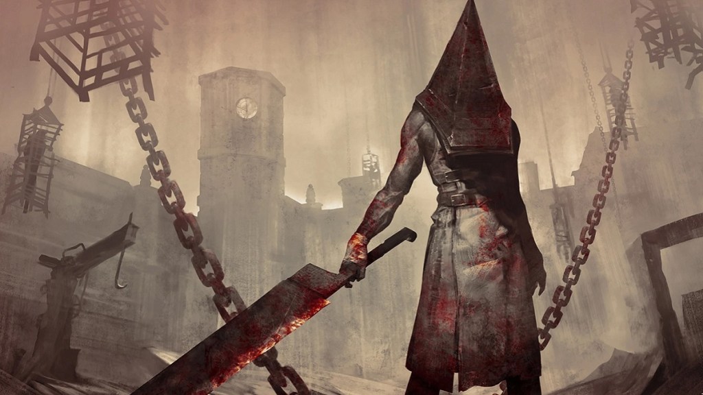 Silent Hill 2: Pyramid Head drawing with a dingy, bleak background behind him.
