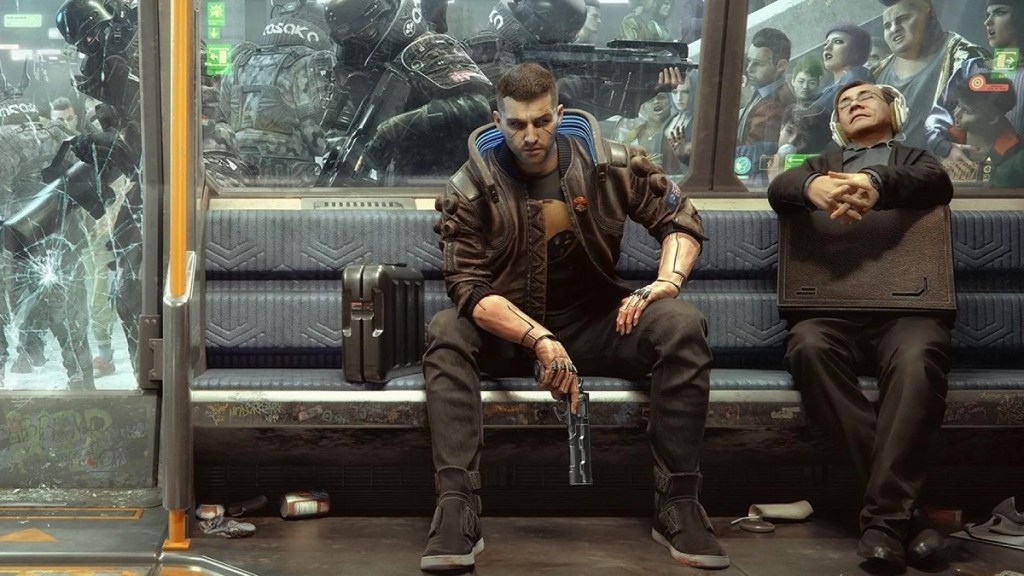 Cyberpunk 2077: V holding a pistol while sitting on a metro car.