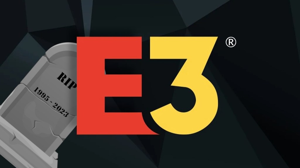 The E3 logo with a gravestone behind it that says "RIP, 1995-2023."