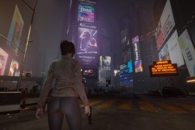 The Day Before: a woman holding a gun stands in the middle of a city at night.